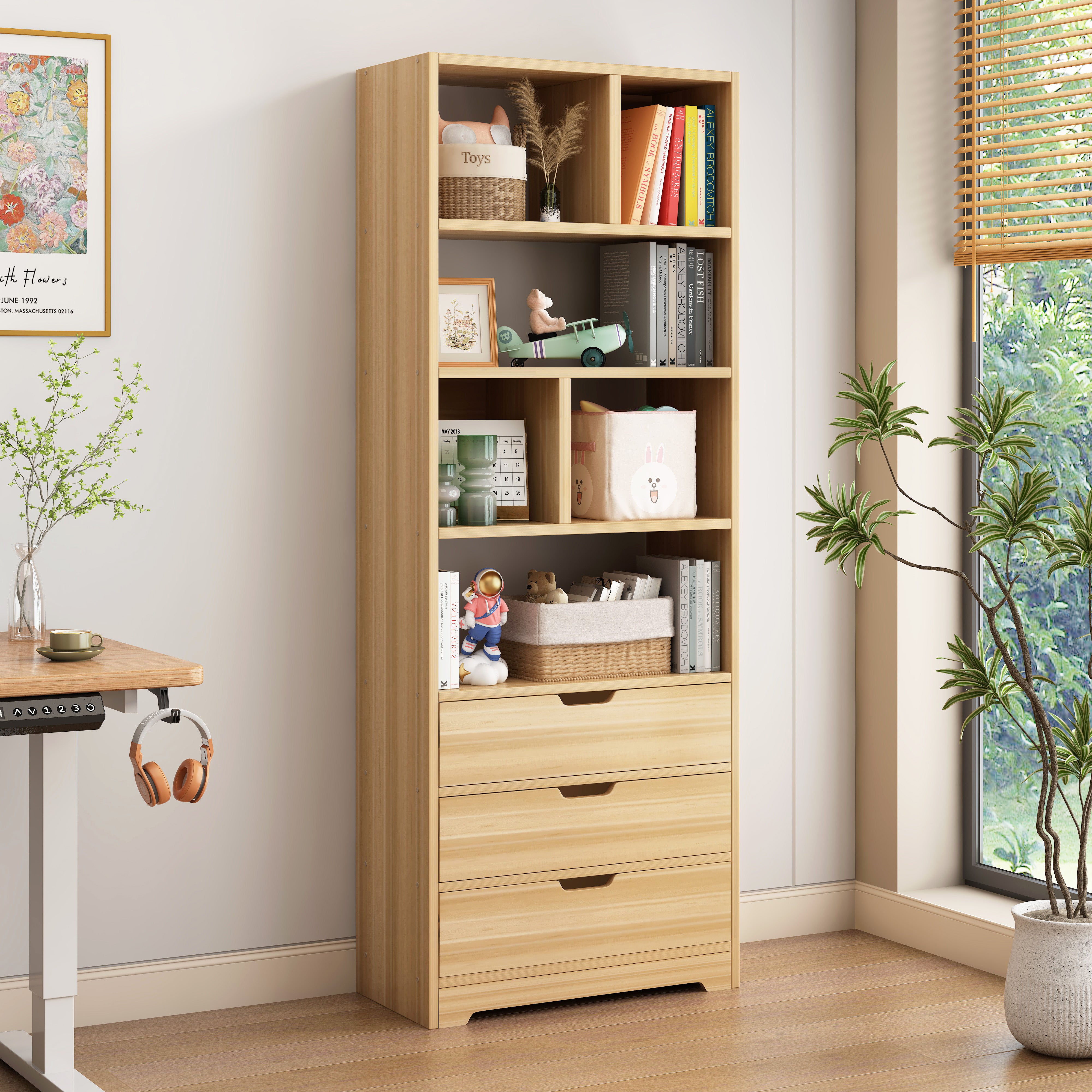 Oak 1.8m Tall Shelf Cupboard Bookshelf Wardrobe with Drawers