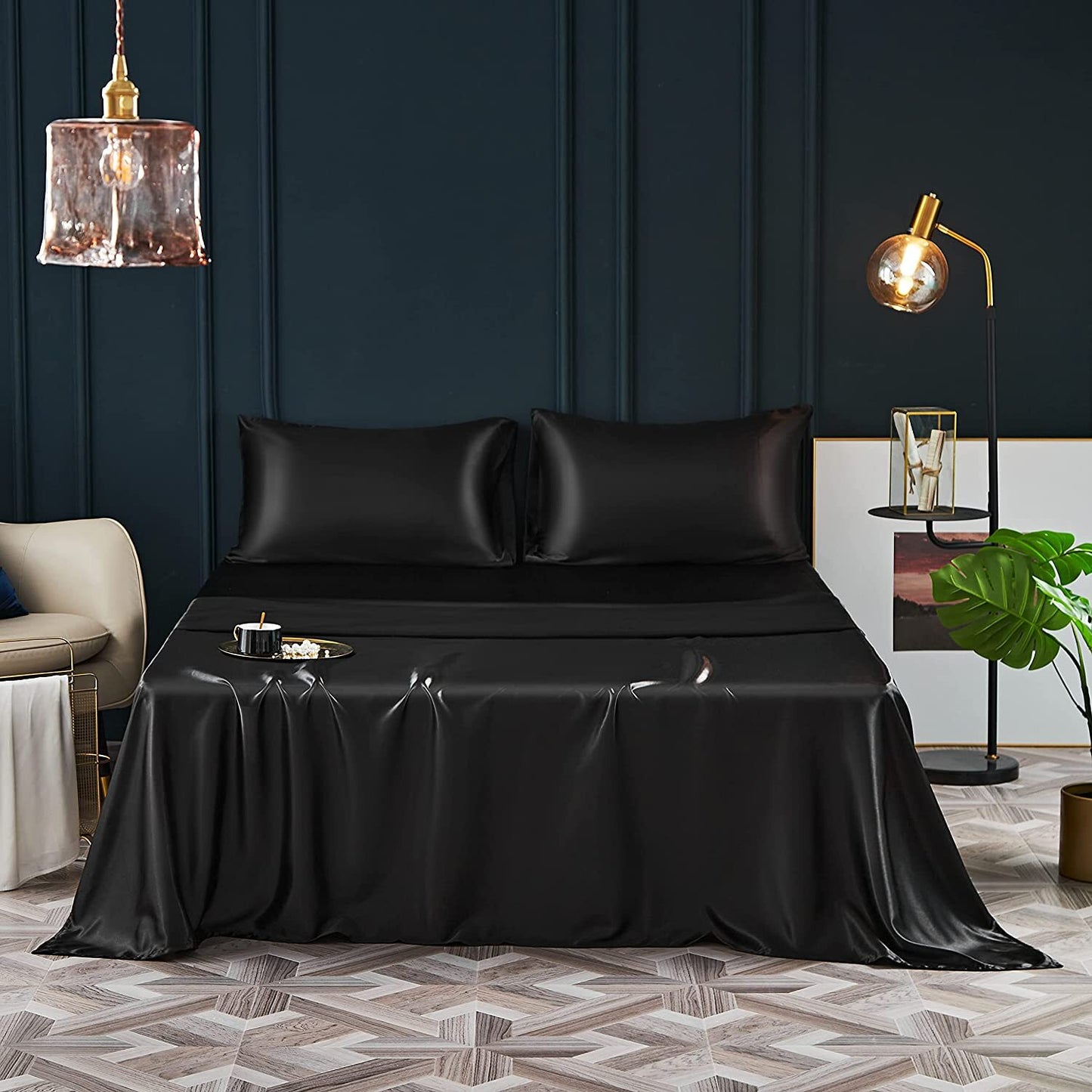 King Size Silky Satin Bed Sheet Set Luxurious Soft Bedding Black