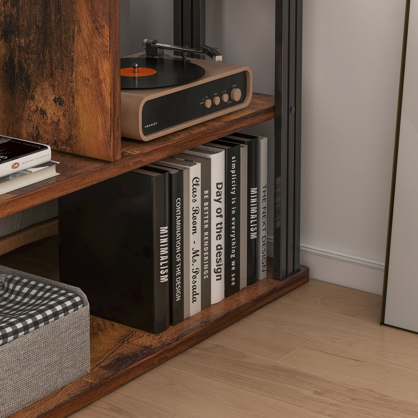 Rustic Wood and Steel Sofa Side Table with Shelves