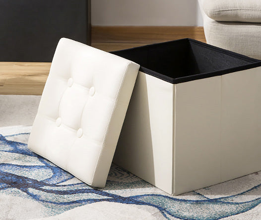 50L Foldable PU Leather Storage Ottoman White