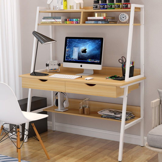 Modern Computer Desk Workstation with Shelves and Drawers