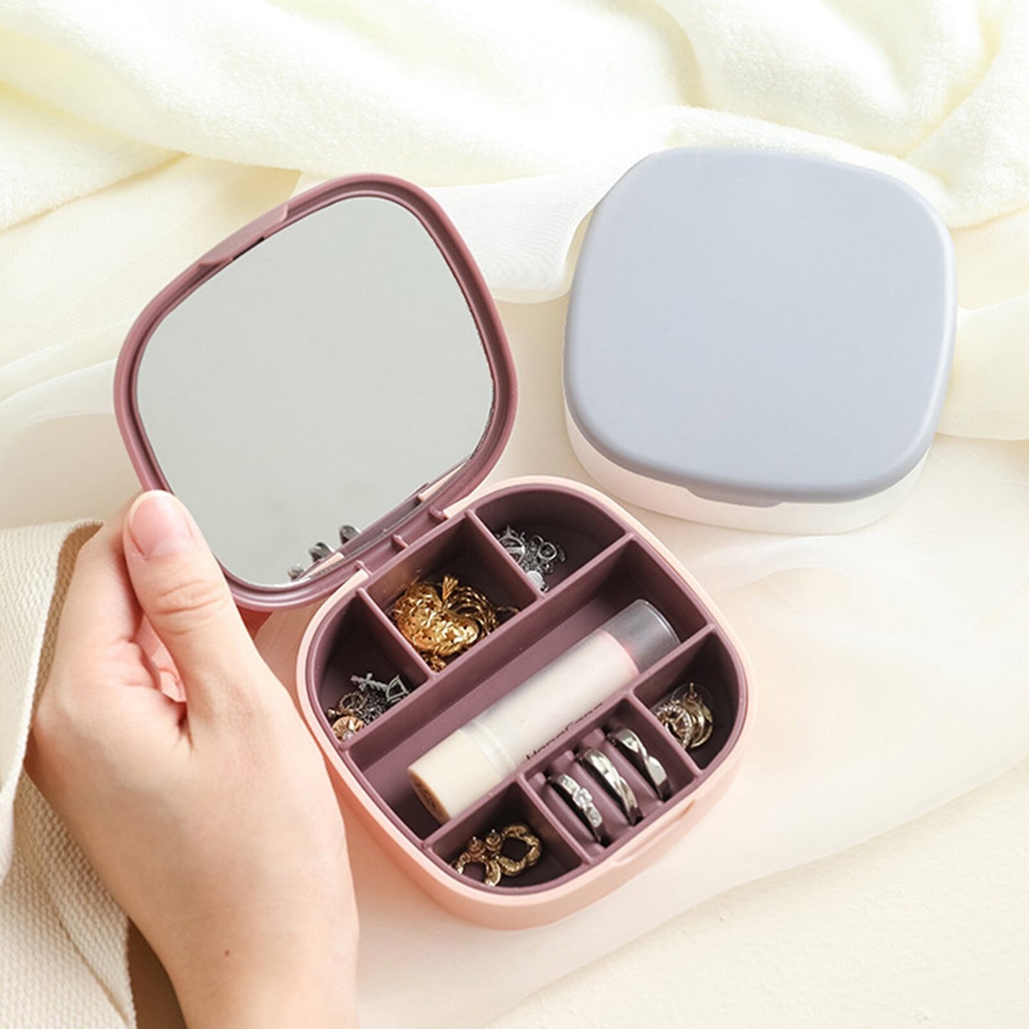 Compact Travel Makeup Organizer with Mirror and Jewelry Storage