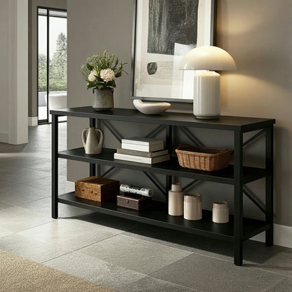 Industrial Console Table TV Stand Bookcase Storage Shelf Unit (Black)