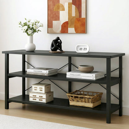 Industrial Console Table TV Stand Bookcase Storage Shelf Unit (Black)