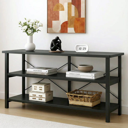 Industrial Console Table TV Stand Bookcase Storage Shelf Unit (Black)
