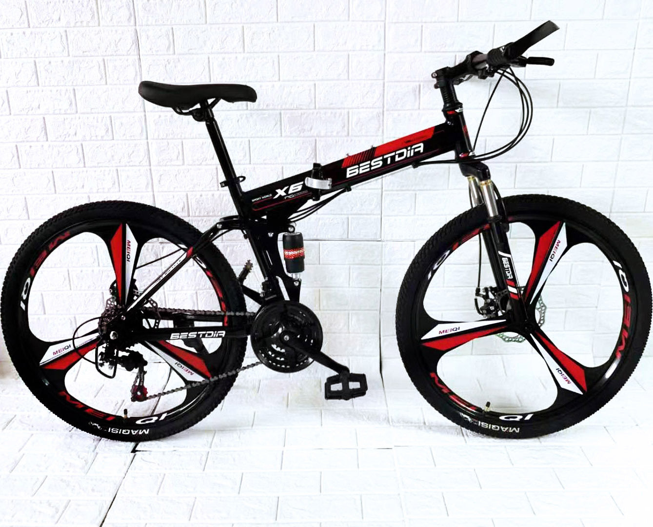 21 Speed Dual Suspension Foldable Mountain Bike Red Black