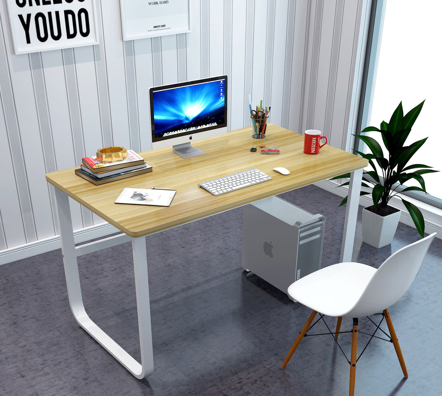 Oak Wood and Steel Computer Desk for Home Office