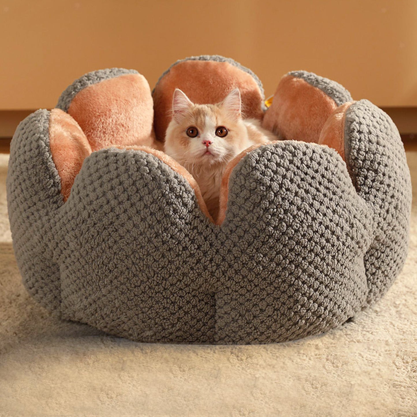 60cm Large Cactus Flower Petal Shaped Pet Bed Comfy Cat Dog Nest Grey