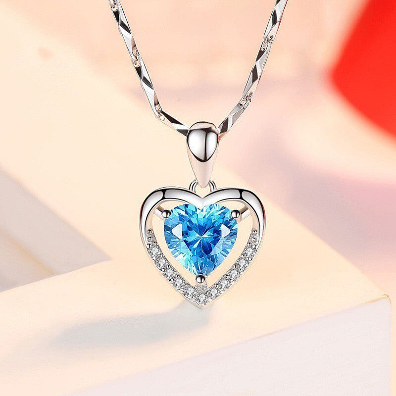 Elegant Sterling Silver Heart Pendant Necklace with Blue CZ Diamond