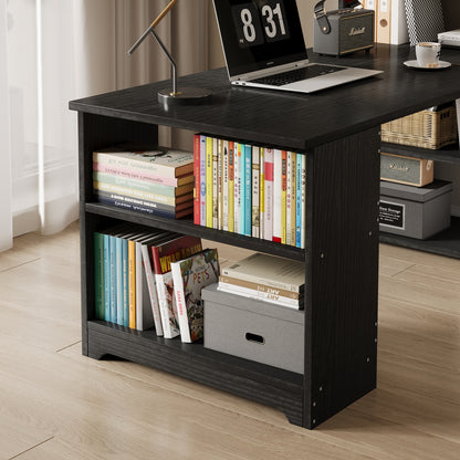 Modern Workstation Computer Desk with 6 Storage Shelves Bookcase Black Wood