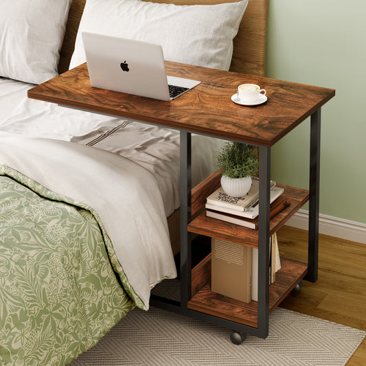 Rustic Wood Sofa Bed Side Table Laptop Desk with Shelves and Wheels