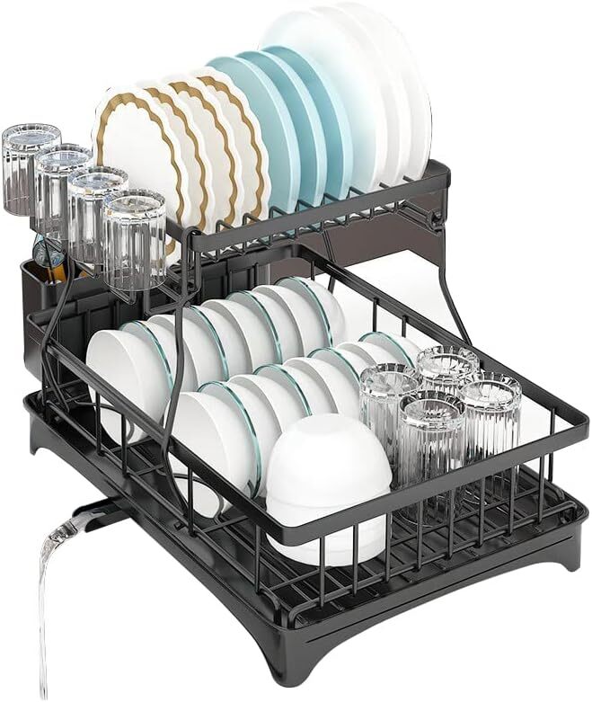 2-Tier Dish Drying Rack Kitchen Organizer with Utensil Holder Black