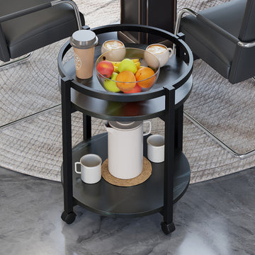 Round Sofa Bed Side Coffee Table with Shelves and Wheels Black