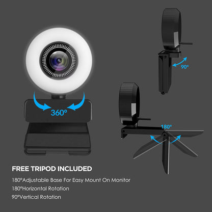 1080p Webcam with Adjustable Ring Light for Streaming and Video Calls