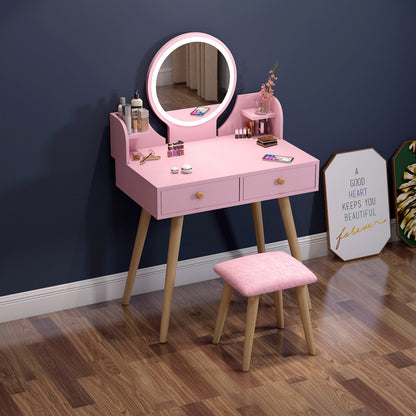 Princess Vanity Table with LED Mirror Stool and Storage Drawers Set Pink