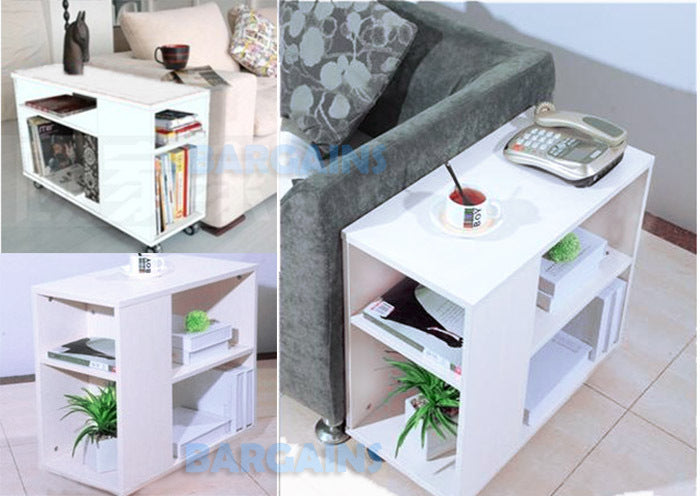 Compact Rolling Sofa Side Table with Magazine Rack White