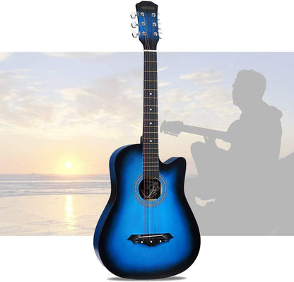 38" Acoustic Guitar Natural Wood Blue Premium Quality