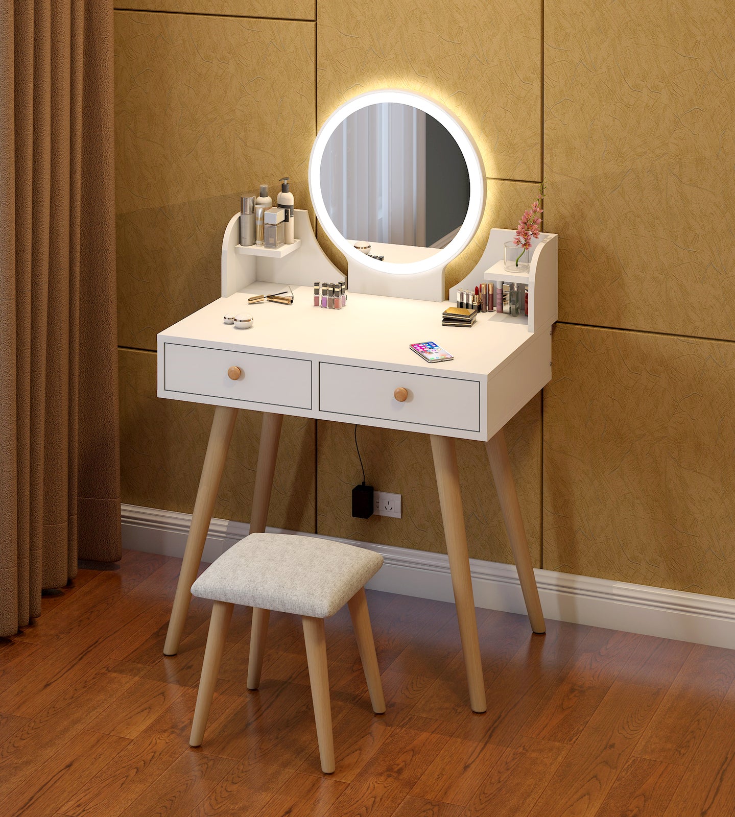 Princess Vanity Table with LED Mirror Stool and Storage Drawers Set