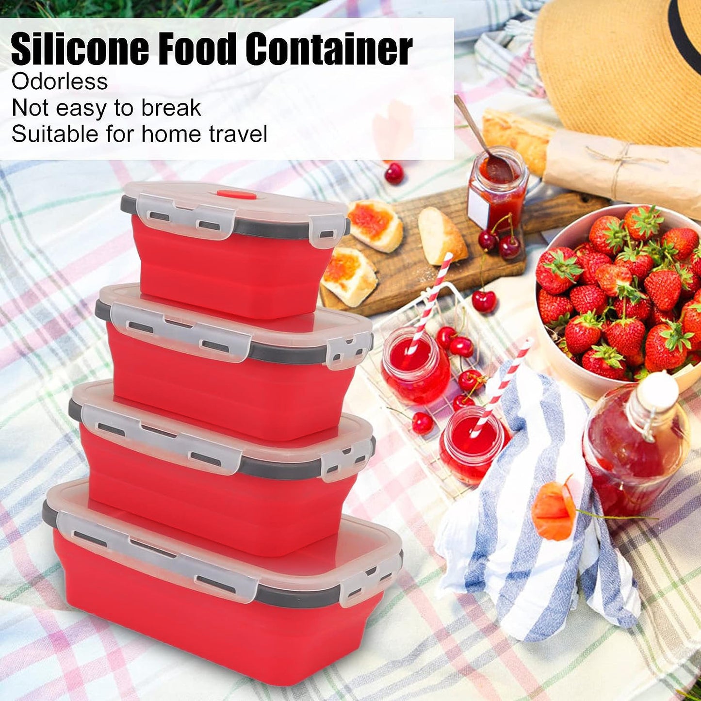 Pack of 4 Collapsible Silicone Food Storage Containers with Airtight Lid Red