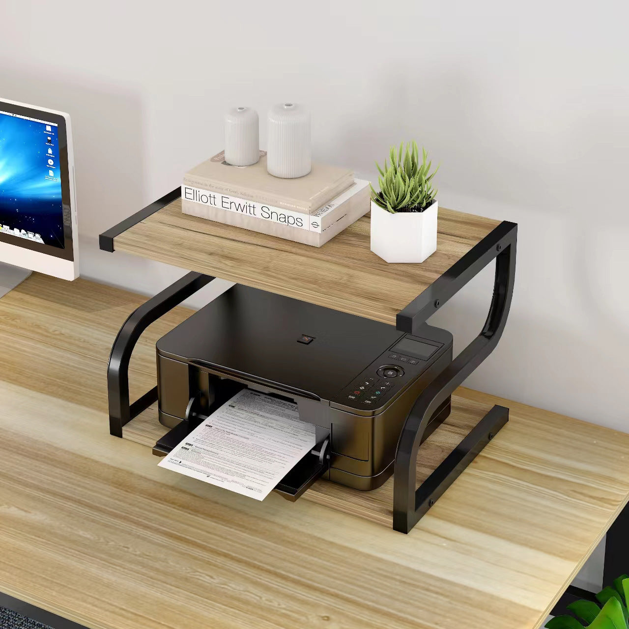 Rustic Wood and Steel Desktop Shelf Printer Stand Storage Organizer (Oak)