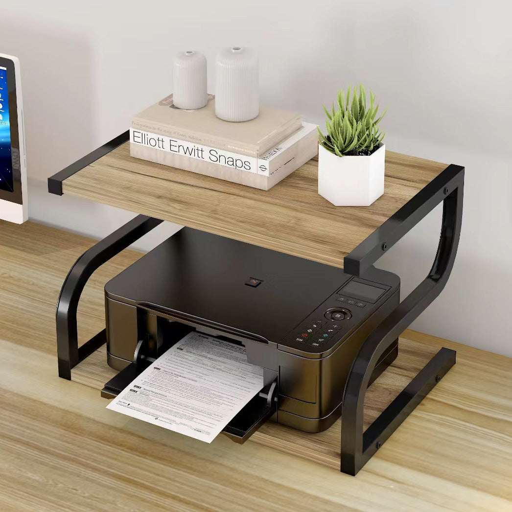 Rustic Wood and Steel Desktop Shelf Printer Stand Storage Organizer (Oak)