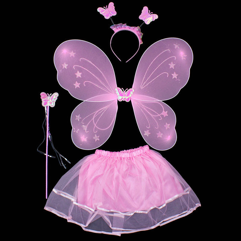 4PC Fairy Princess Girls Costume Set with Butterfly Wings Headband Wand Tutu Skirt