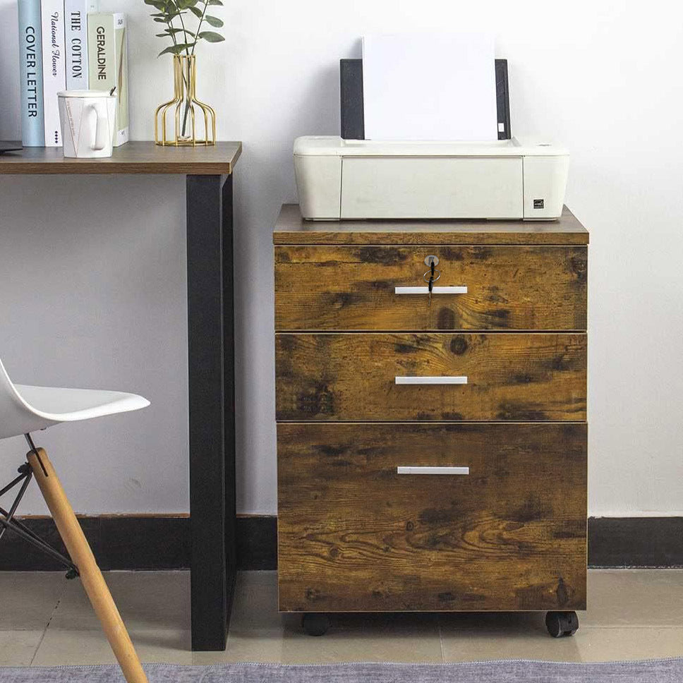 Rustic Wood 3 Drawer Bedside Table Cabinet with Wheels