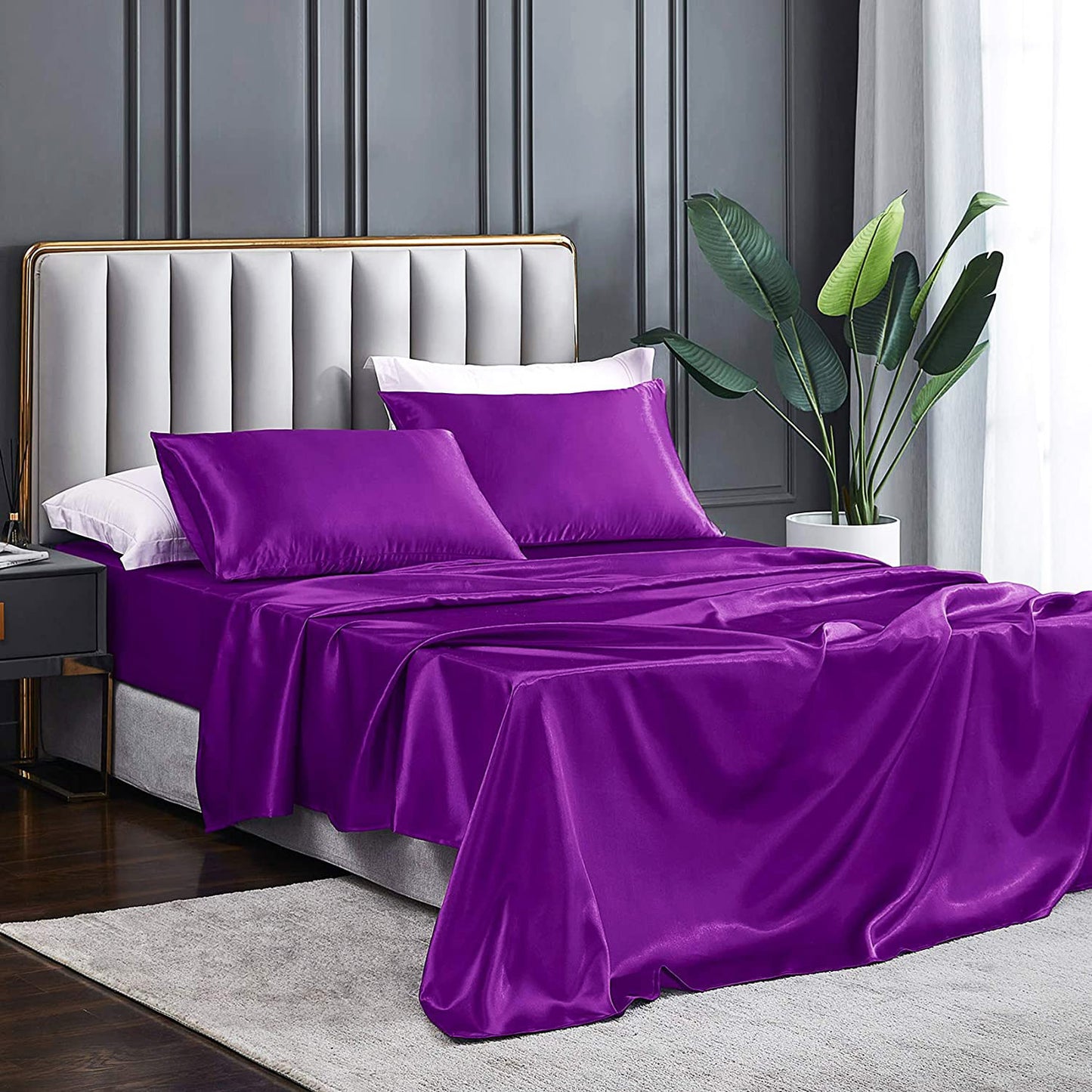 Queen Silky Satin Bed Sheets Set Soft and Smooth Purple