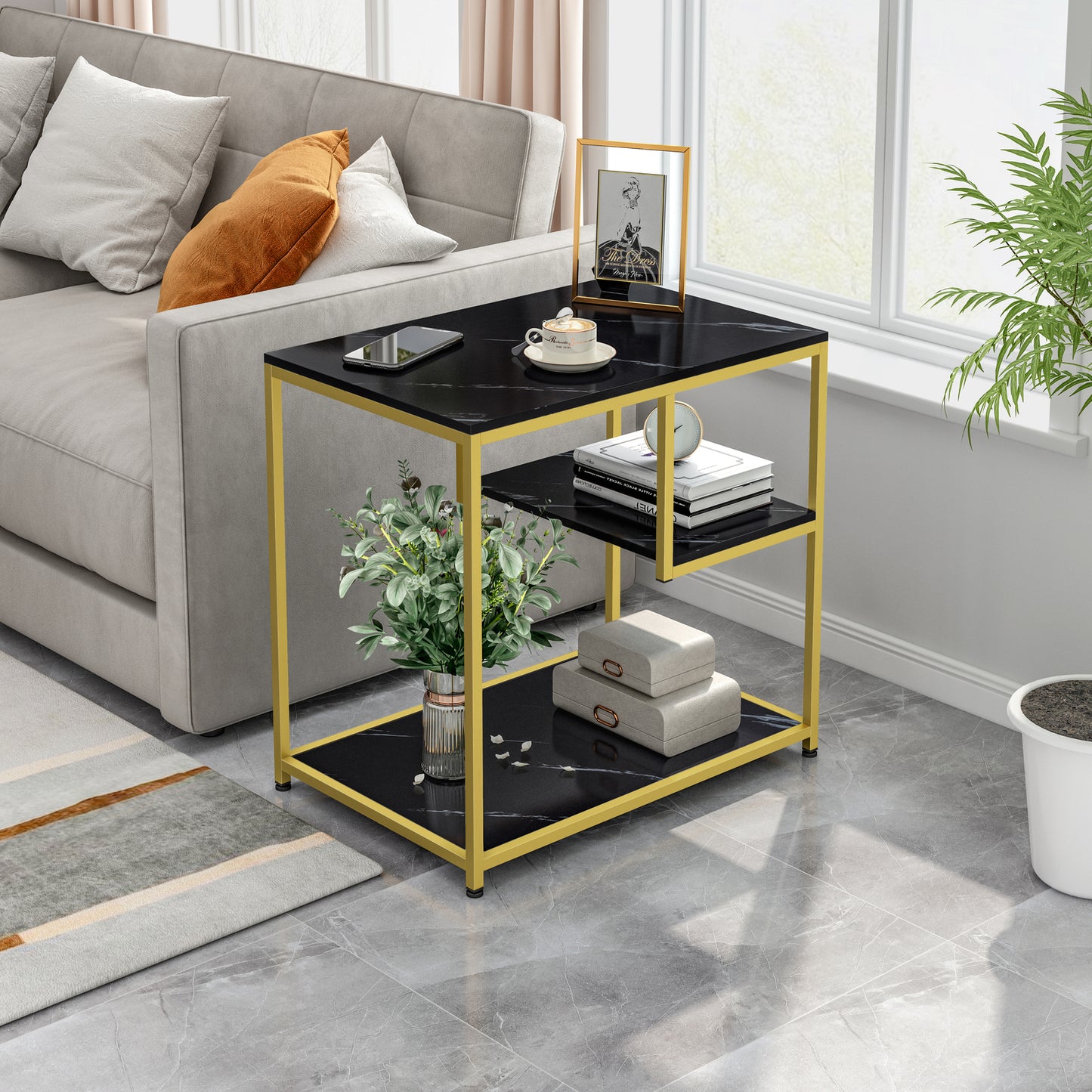 Luxor Marble Look Side Table with Magazine Shelf Black