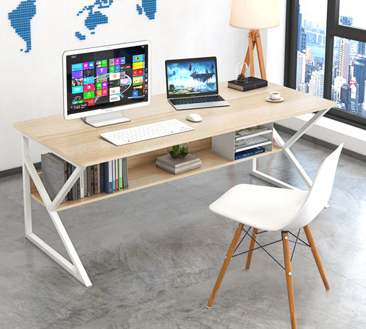 Large Wood and Metal Computer Desk with Shelf White Oak