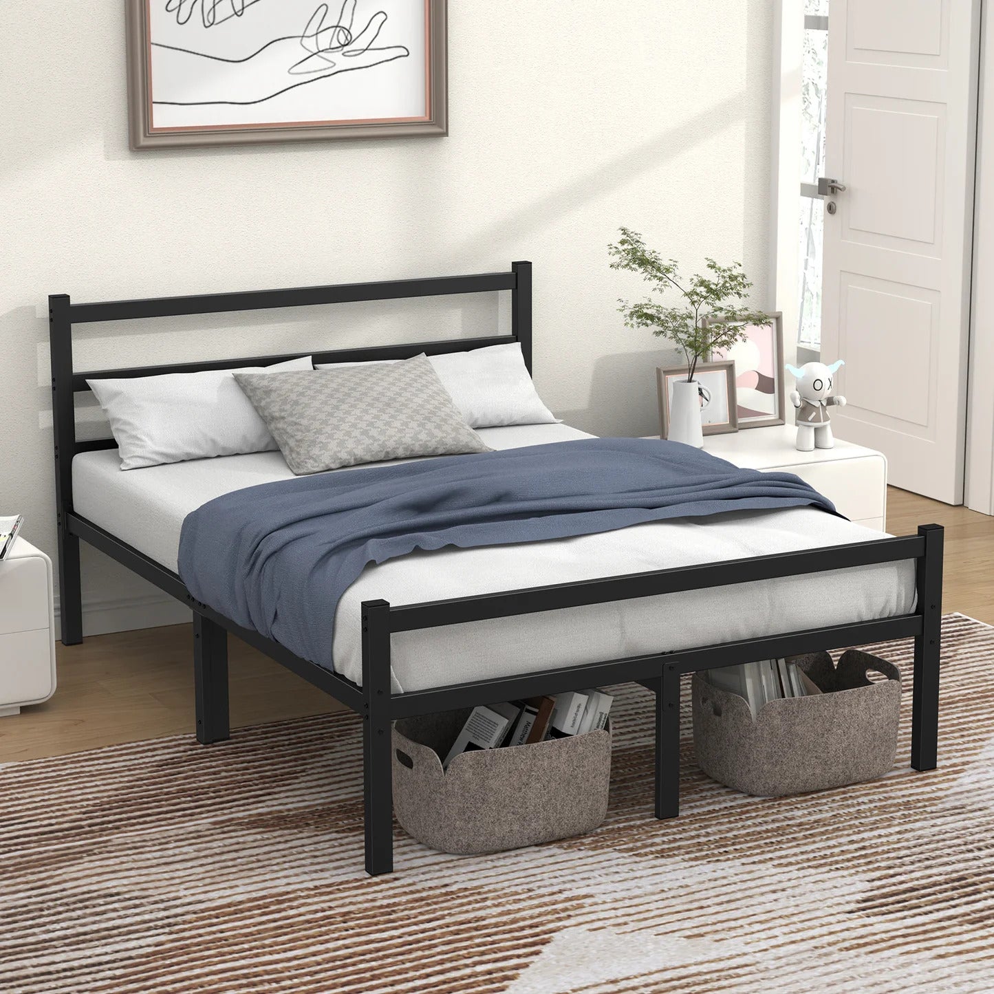 Queen Size Heavy Duty Metal Platform Bed Frame Black Steel