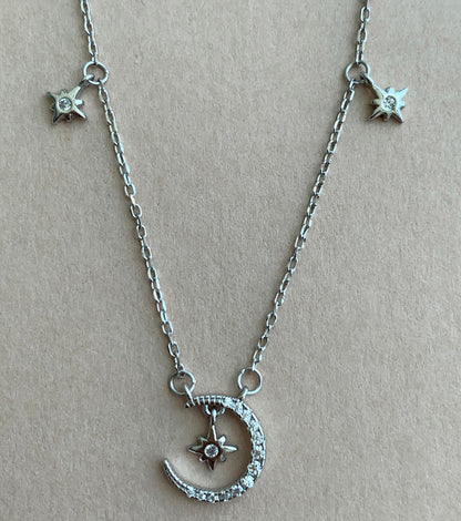 Elegant Sterling Silver Moon and Stars CZ Diamond Necklace