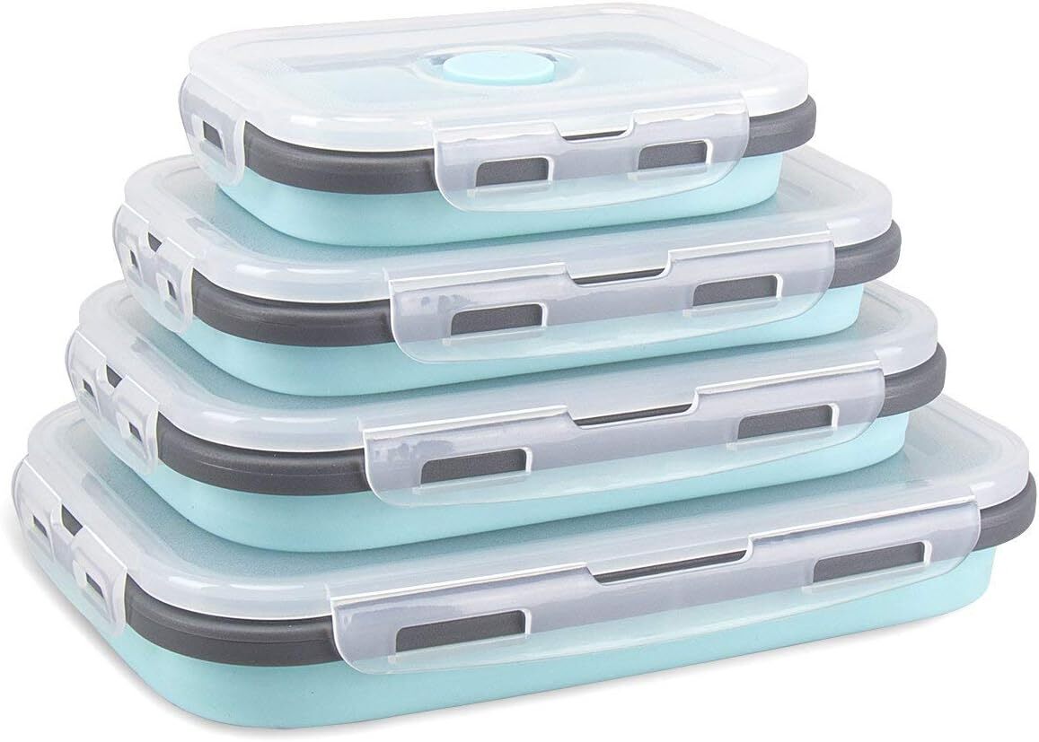 Pack of 4 Collapsible Silicone Food Storage Containers with Airtight Lid Blue