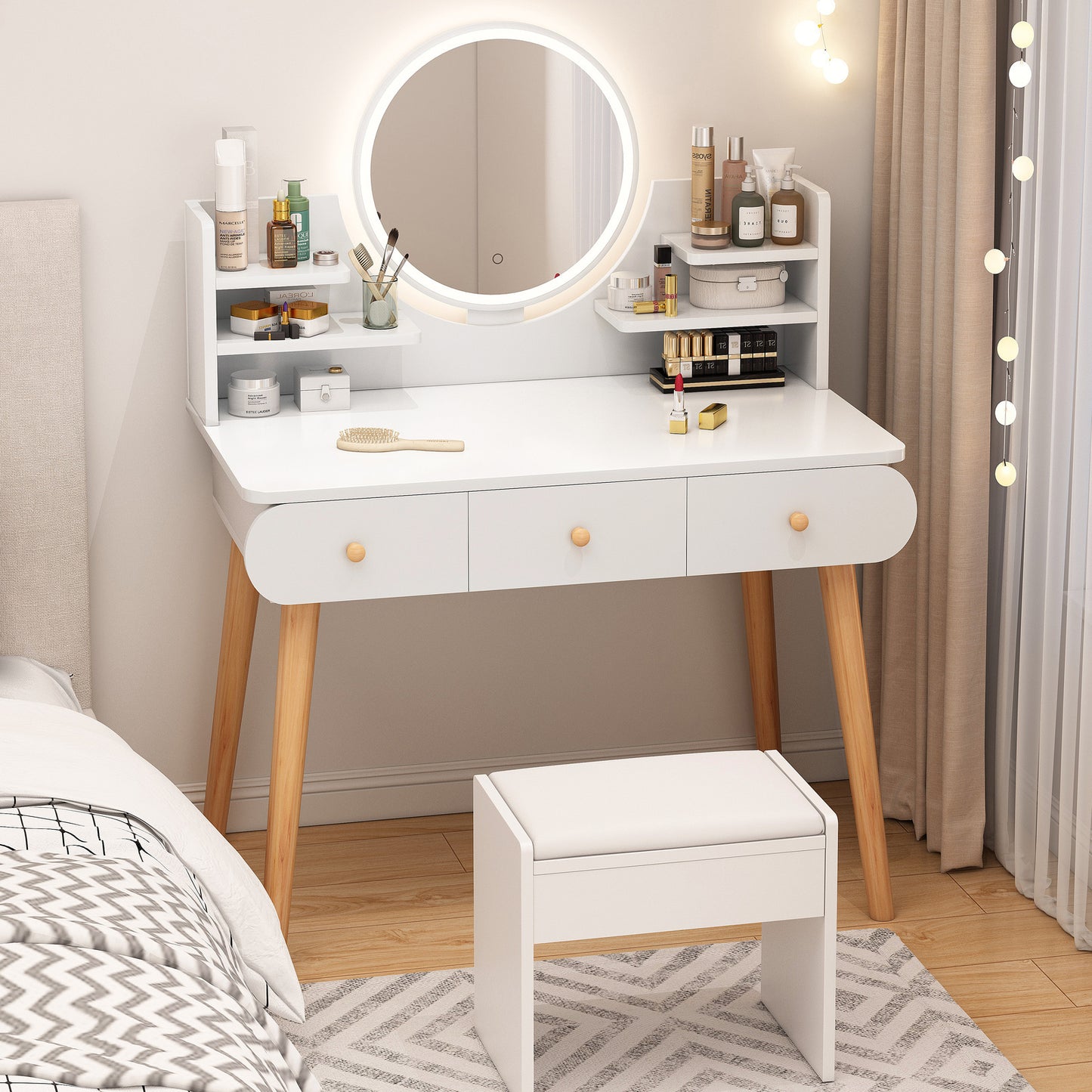 Beauty LED Vanity Dressing Table with Mirror Stool and Storage Drawers Set