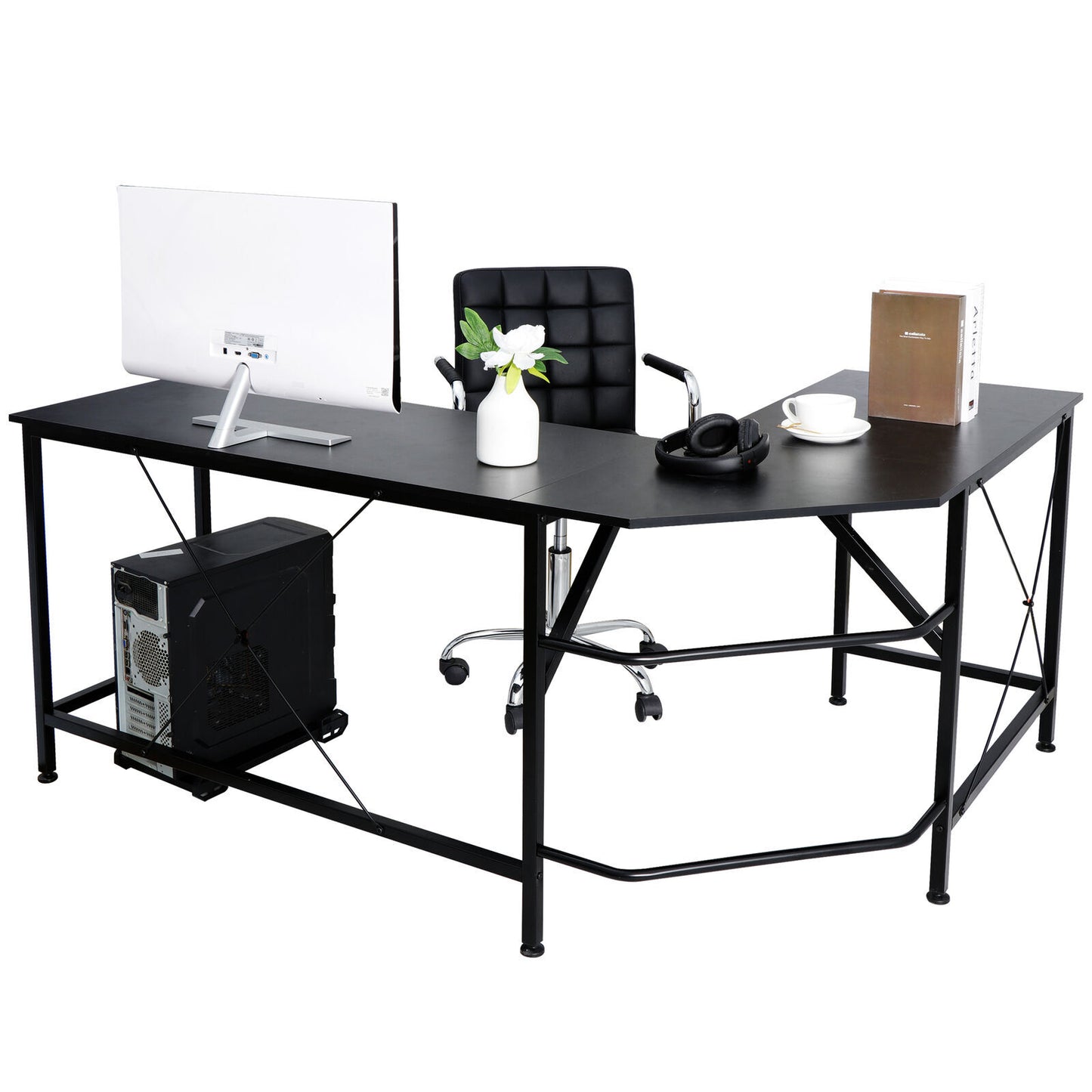 Double Workstation Modern Corner Office Computer Desk - Black