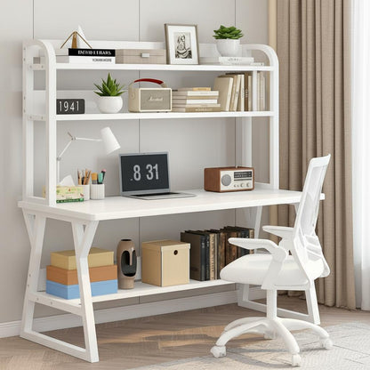 Large Industrial Office Desk Computer Table with Bookshelf White