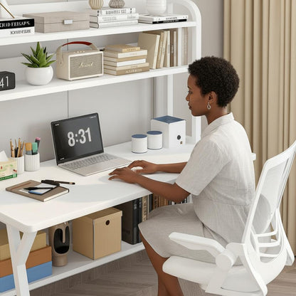 Large Industrial Office Desk Computer Table with Bookshelf White
