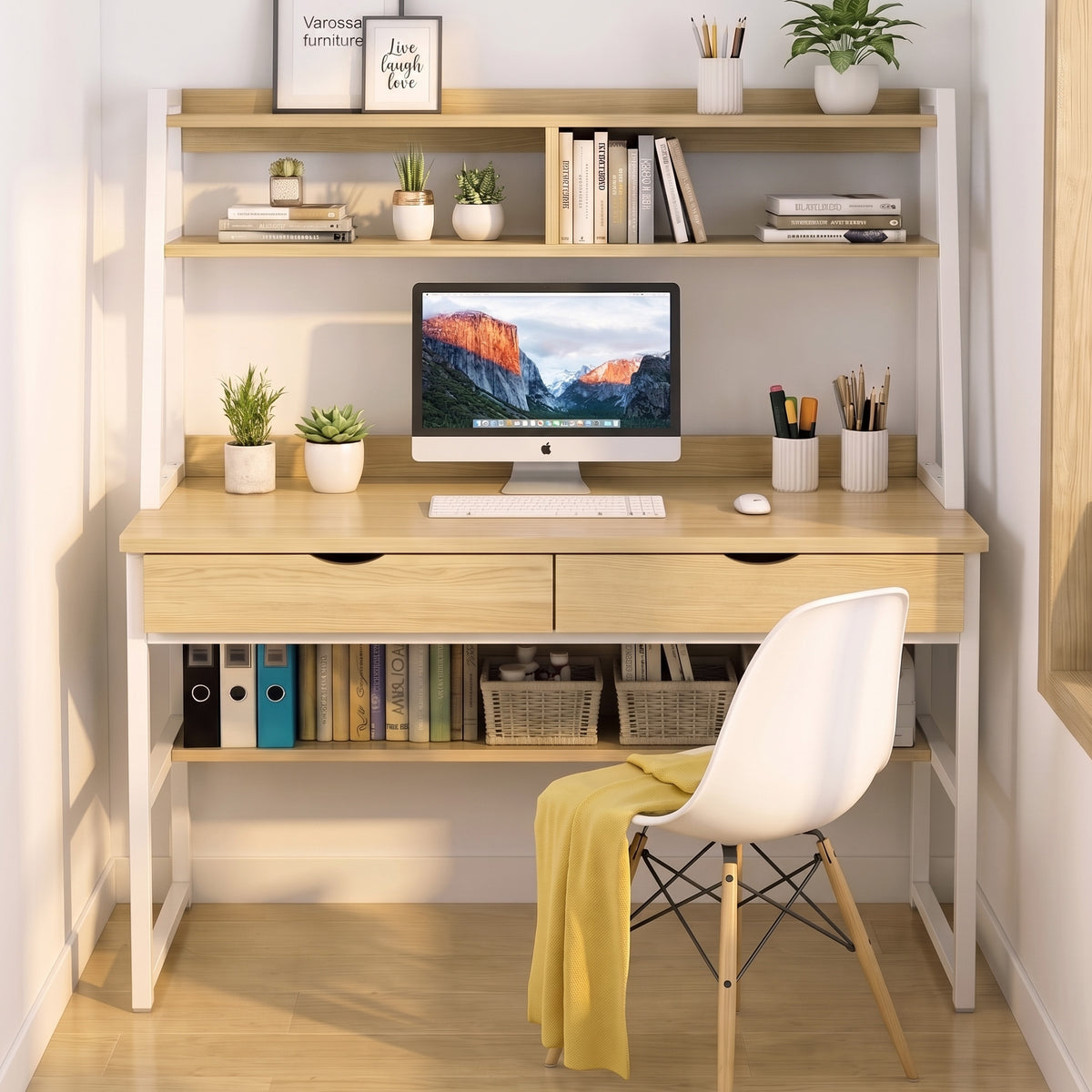 Spacious Office Computer Desk Workstation with Shelves and Drawers Oak & White