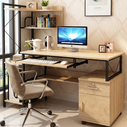 Multi-function Computer Desk Workstation with Shelves and Cabinet Rustic Oak