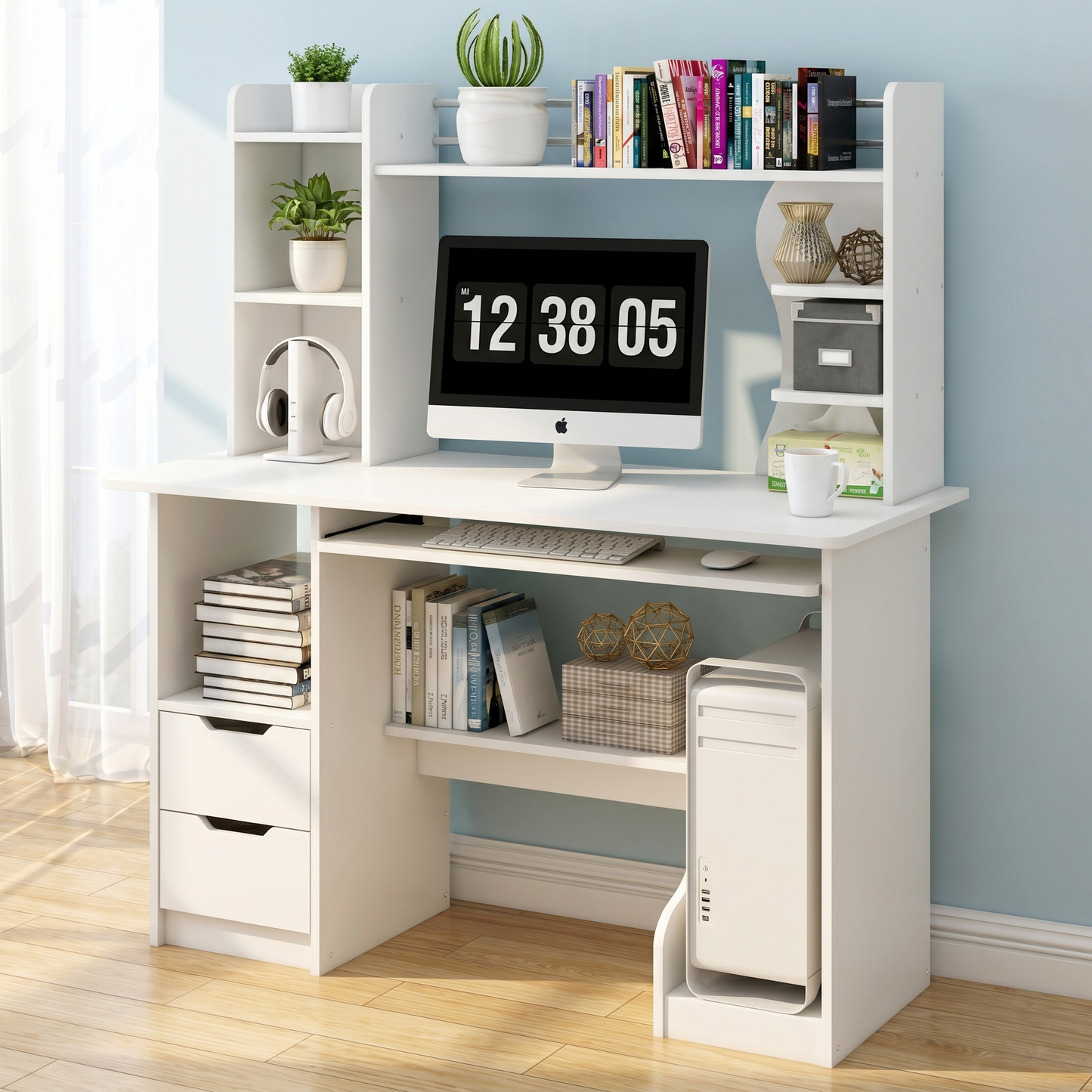 Stylish Computer Desk Home Office Workstation with Shelf and Cabinet White