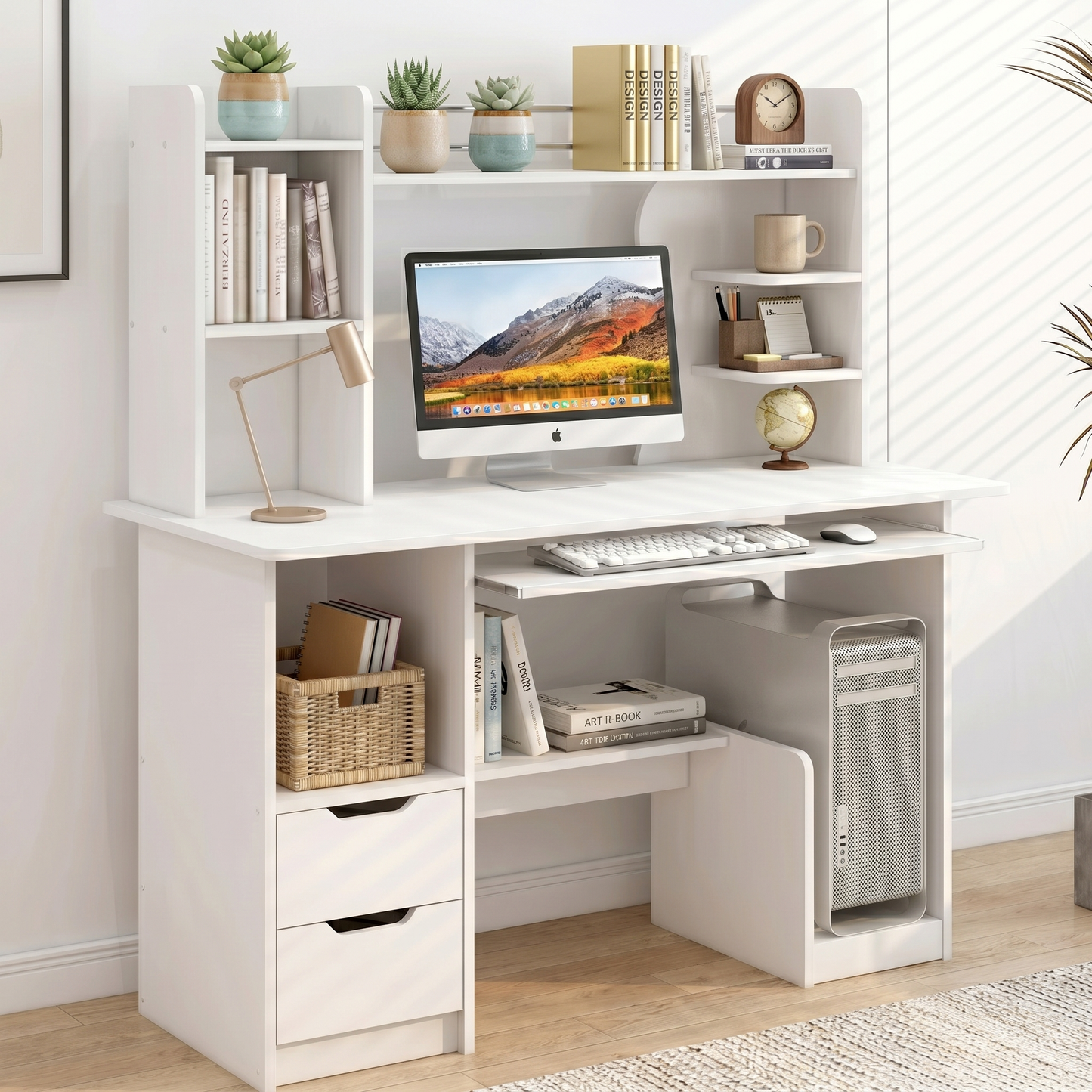 Stylish Computer Desk Home Office Workstation with Shelf and Cabinet White