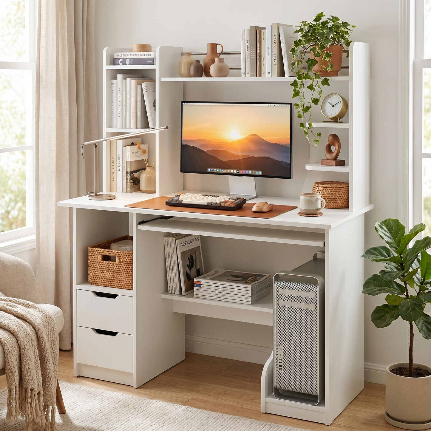 Stylish Computer Desk Home Office Workstation with Shelf and Cabinet White