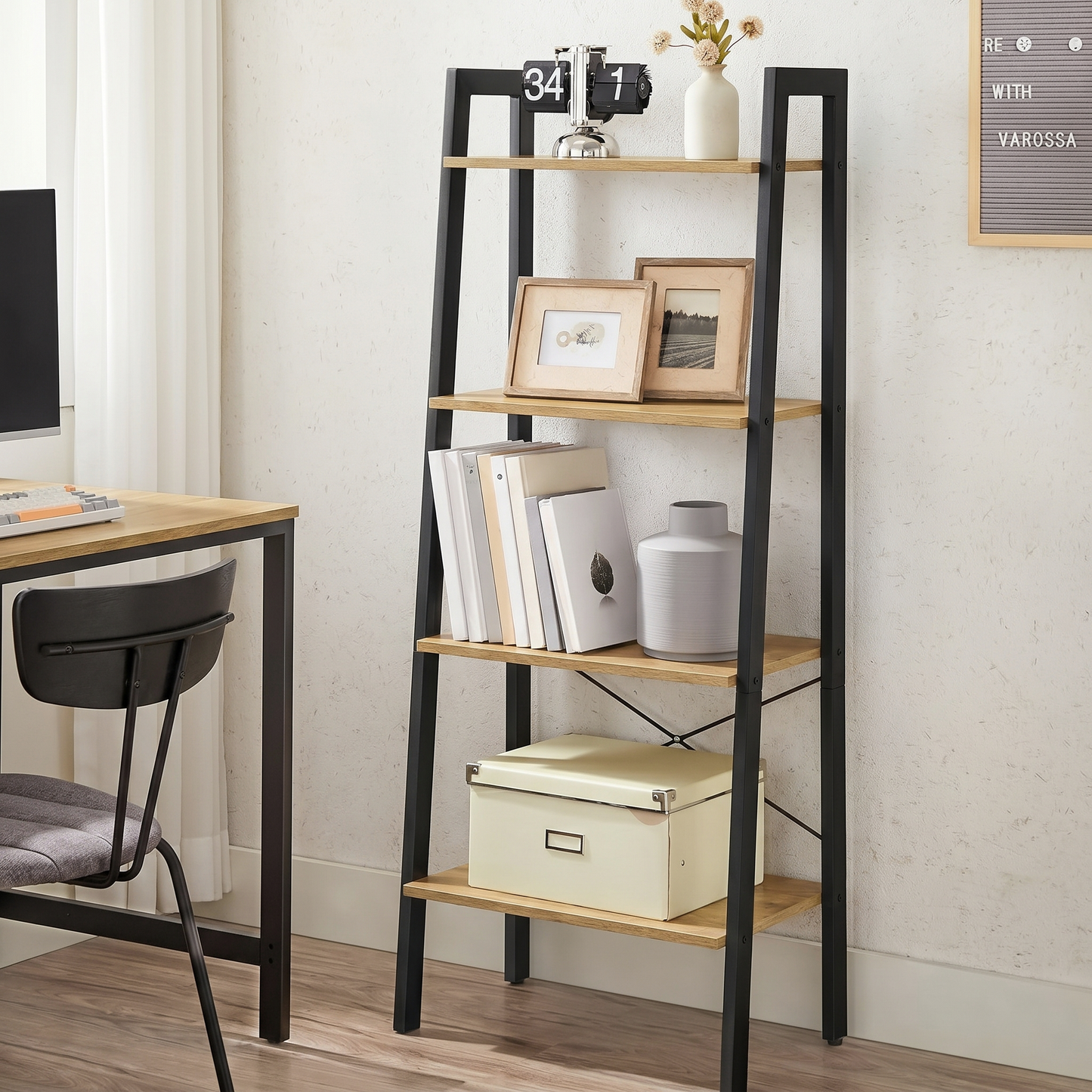 Rustic Oak Ladder Shelf Four Tier Wood Metal Bookshelf Storage Display Unit