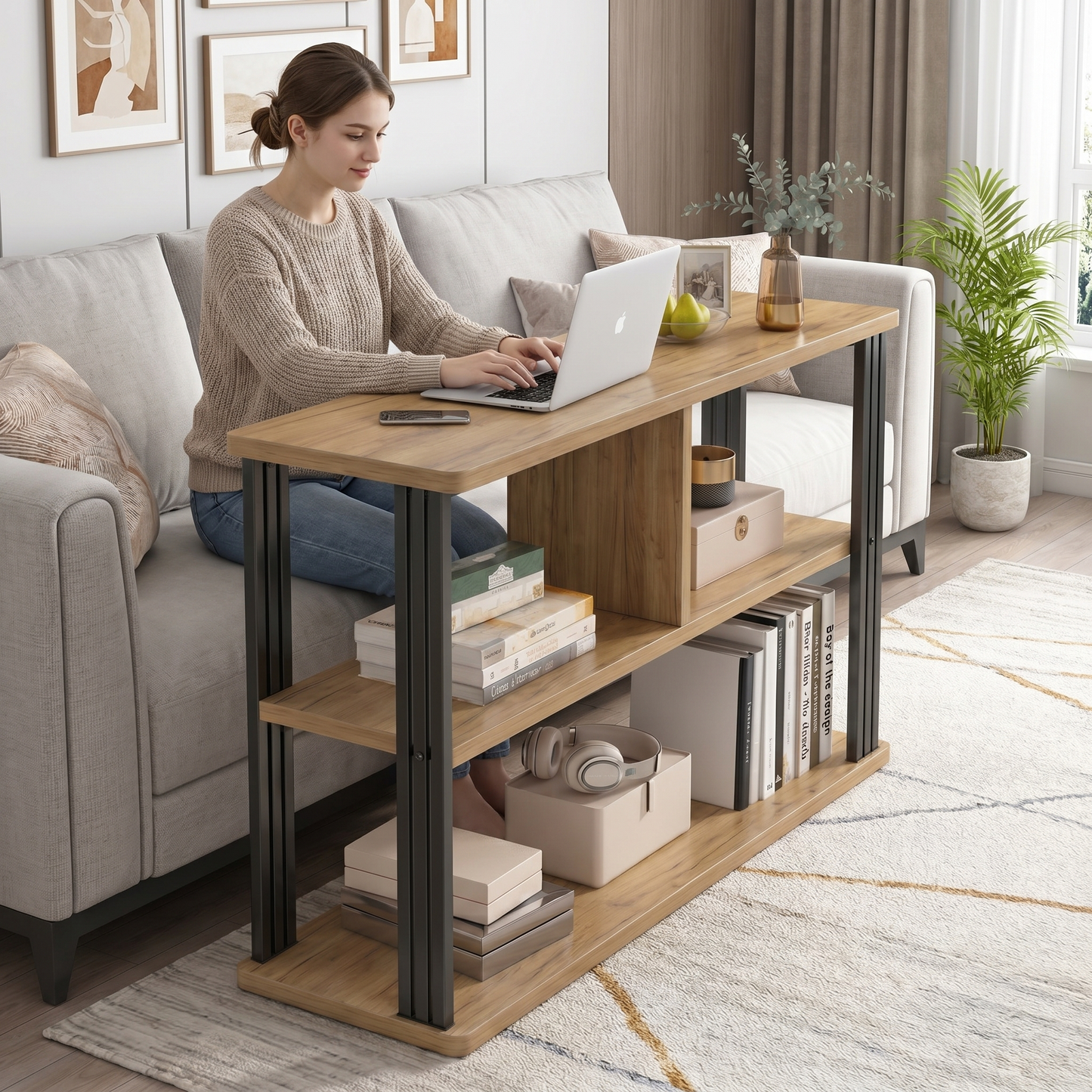 Stylish Oak Wood and Steel Sofa Side Table with Shelves
