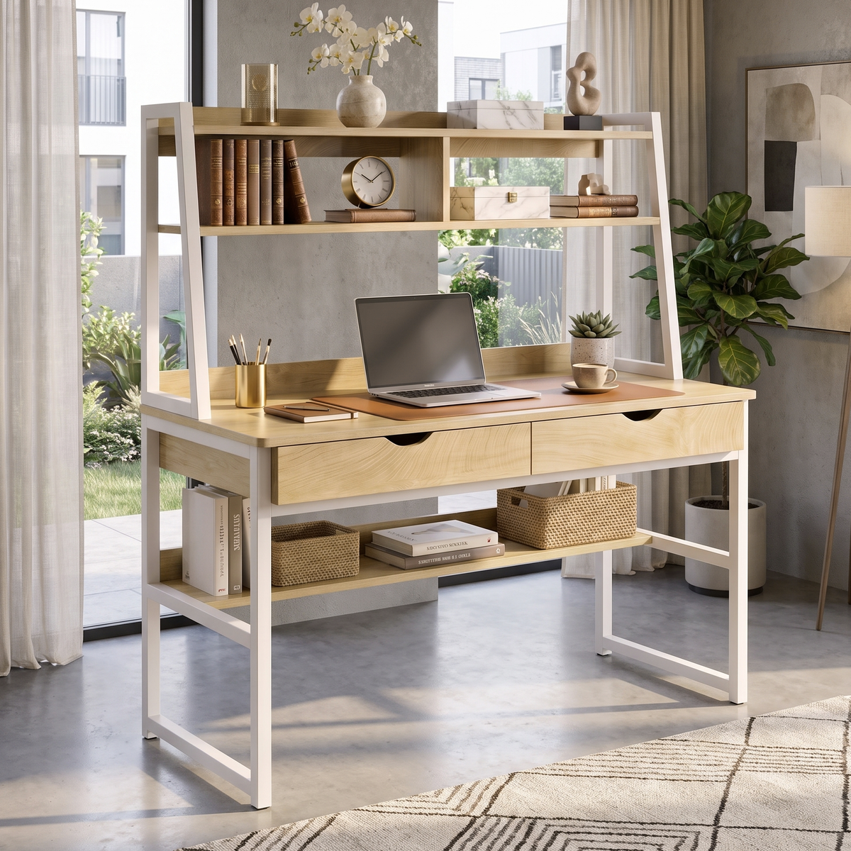 Spacious Office Computer Desk Workstation with Shelves and Drawers Oak & White