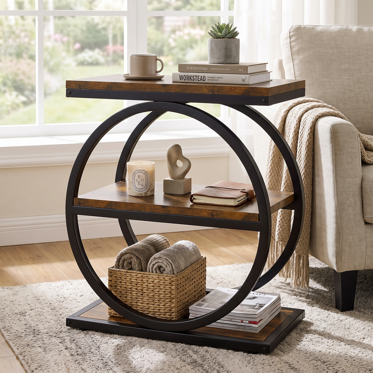 3-Tier Industrial Rustic Side End Table with Circular Steel Frame