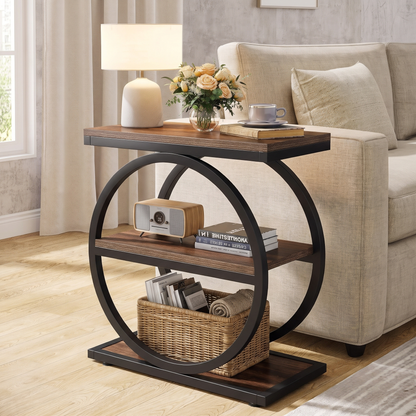3-Tier Industrial Rustic Side End Table with Circular Steel Frame