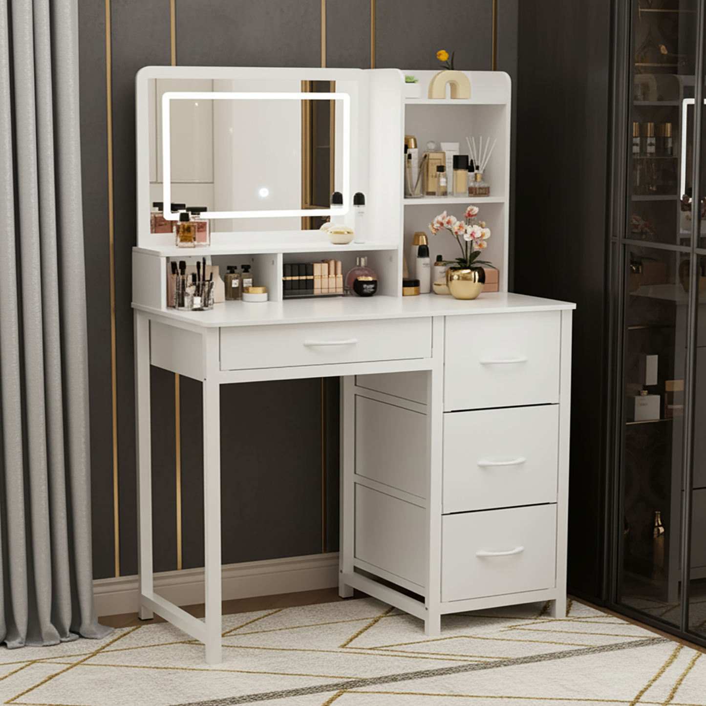 Deluxe LED Mirror Vanity Table with Mirror and Storage Drawers White