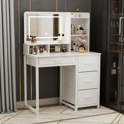 Deluxe LED Mirror Vanity Table with Mirror and Storage Drawers White