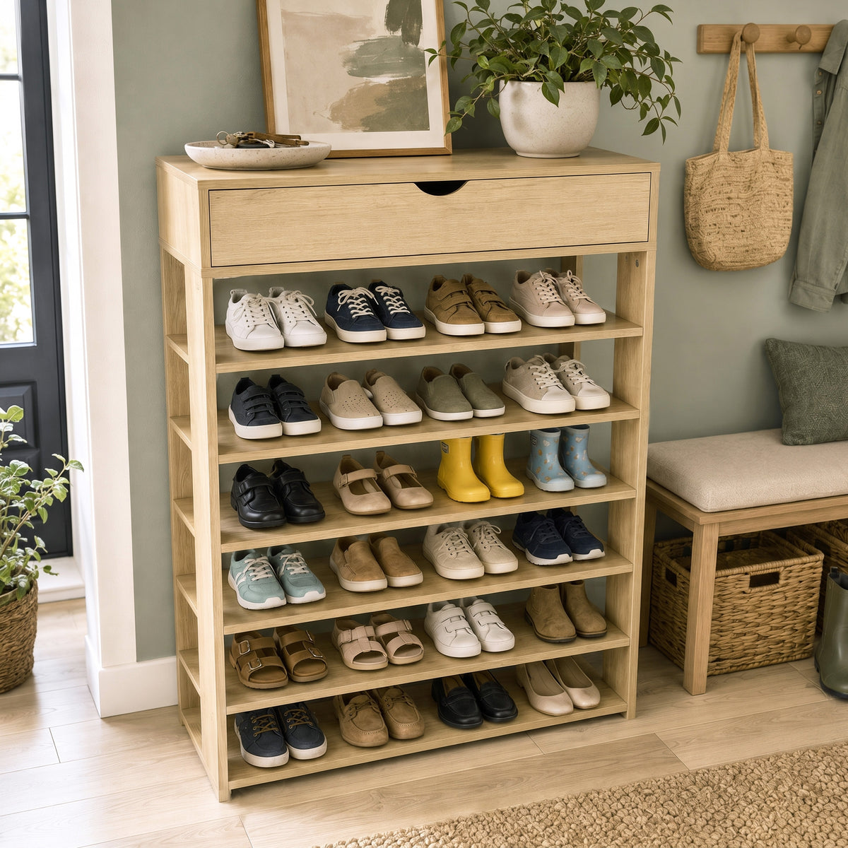7-Tier Extra-Spacious Wooden Shoe Rack Organizer Shelf Cabinet - Natural Oak